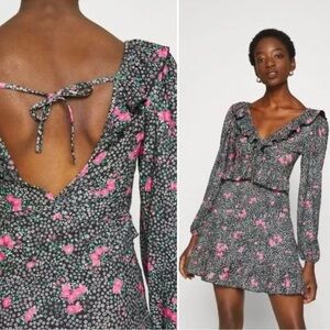 Topshop Long Sleeve Jersey Ruffle Floral Mini Dress Black Sz 2